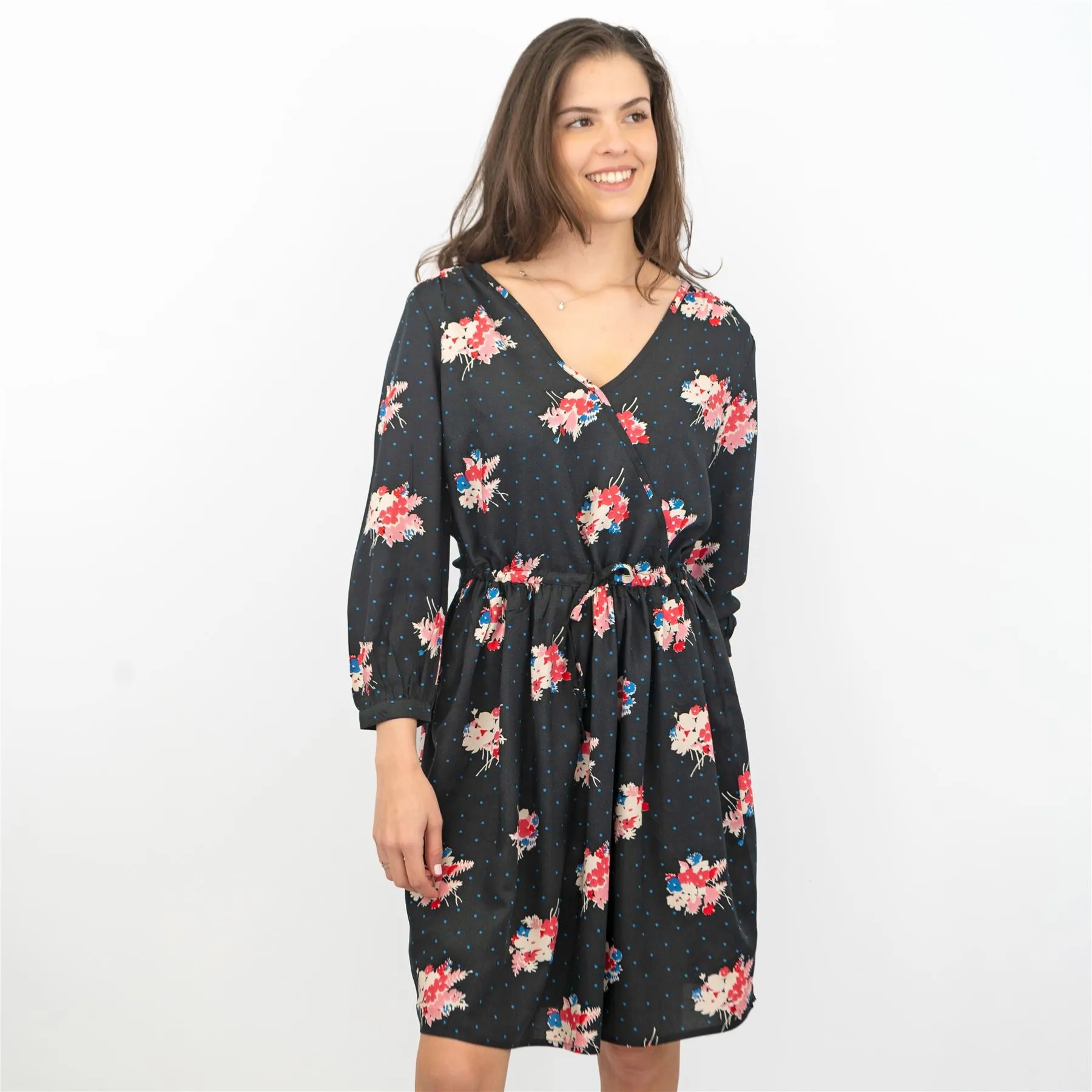 Crew Clothing Women Black Floral 3/4 Sleeve Cross Wrap with Pockets Dresses