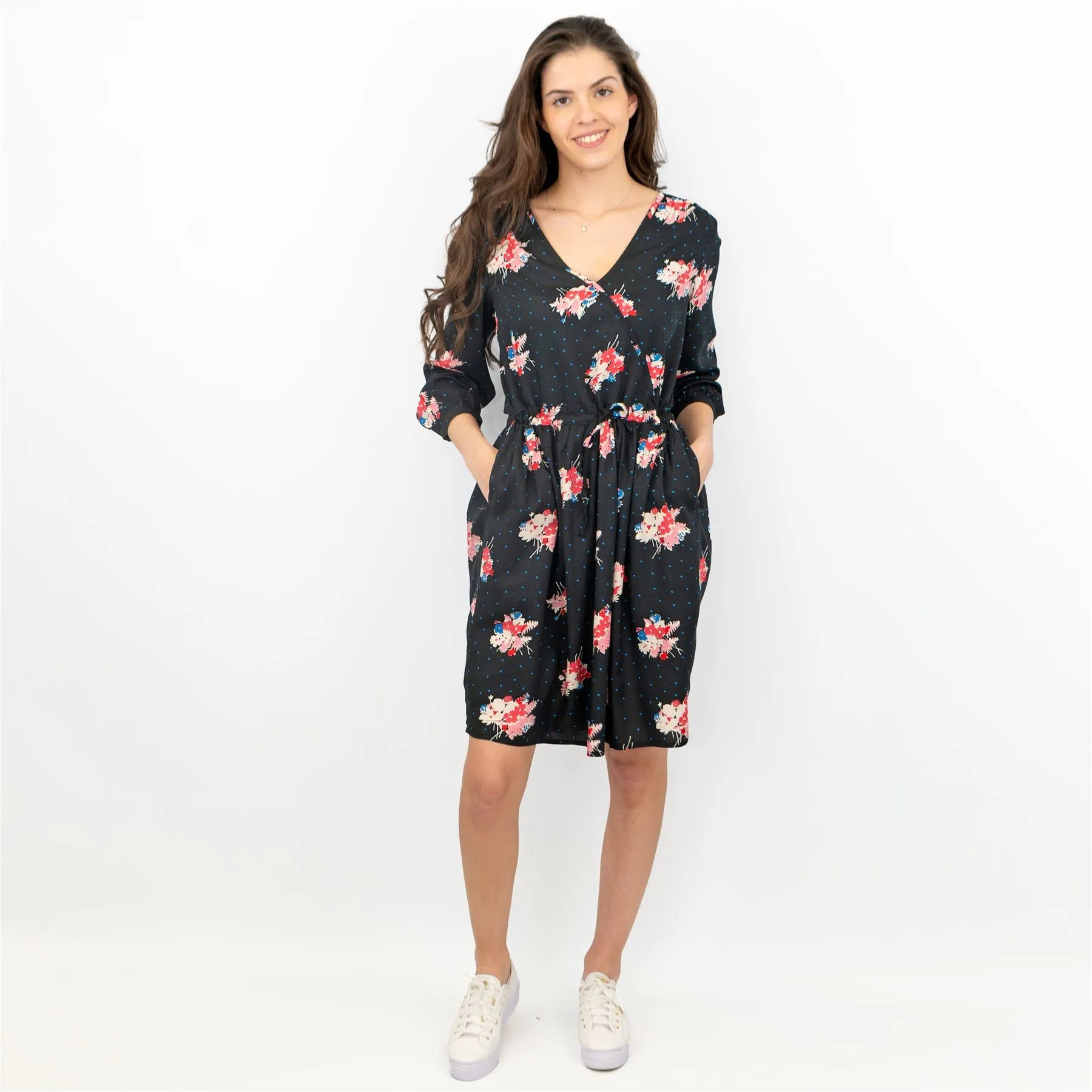 Crew Clothing Women Black Floral 3/4 Sleeve Cross Wrap with Pockets Dresses