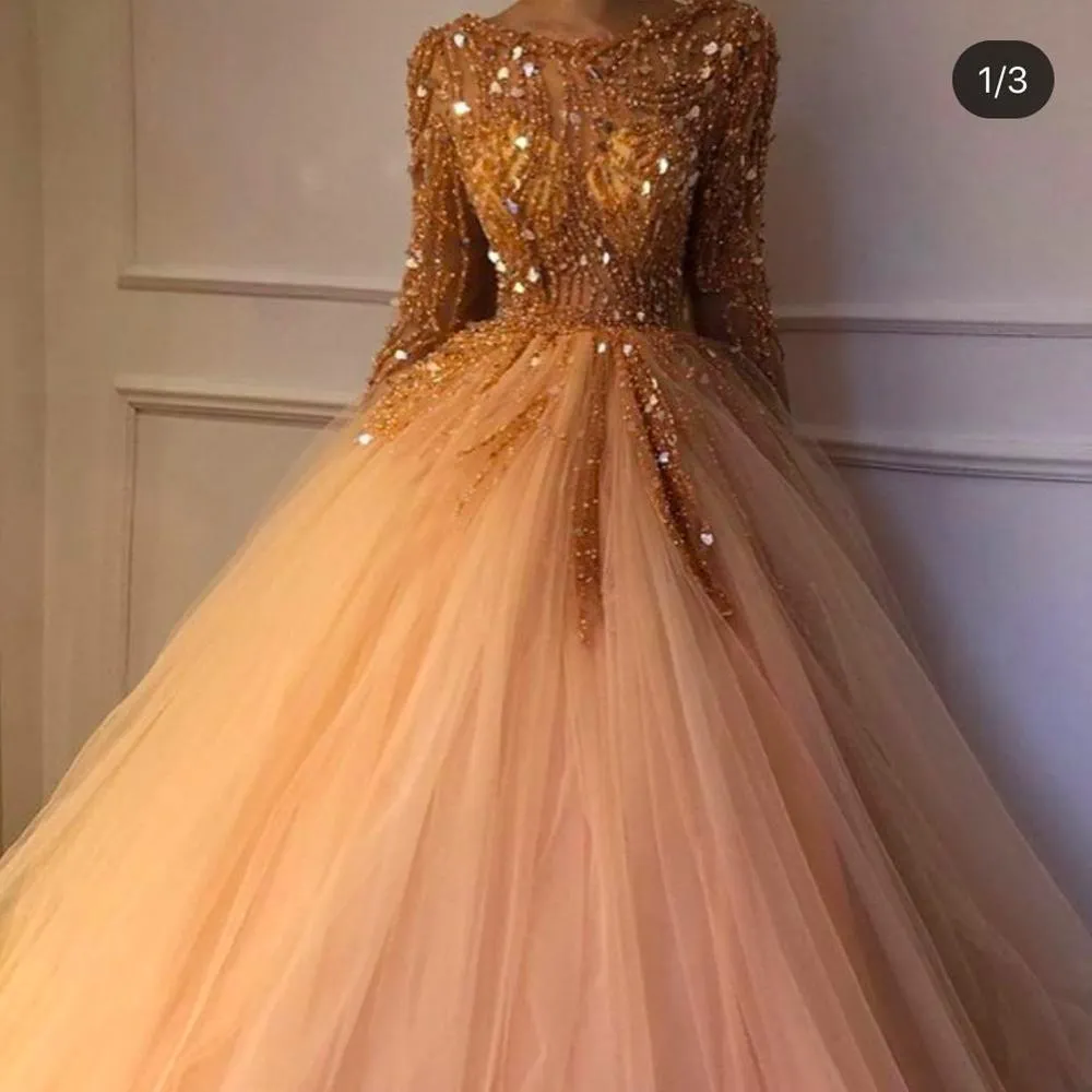 crystal ball gown prom dresses 2020 champagne tulle long sleeve beaded elegant prom gowns 2021