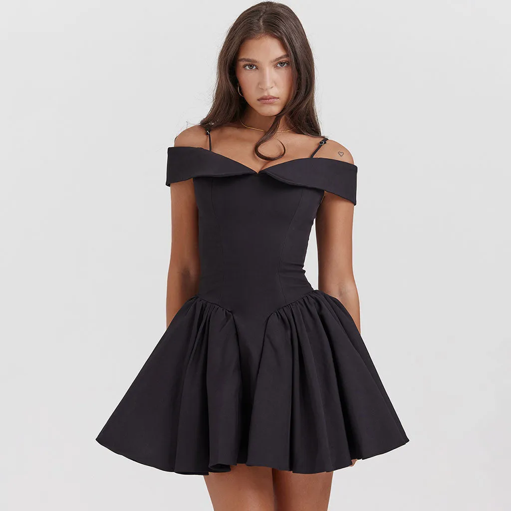 Cute Turnover Sweetheart Neck Cold Shoulder Drop Waist Flared Mini Party Dress