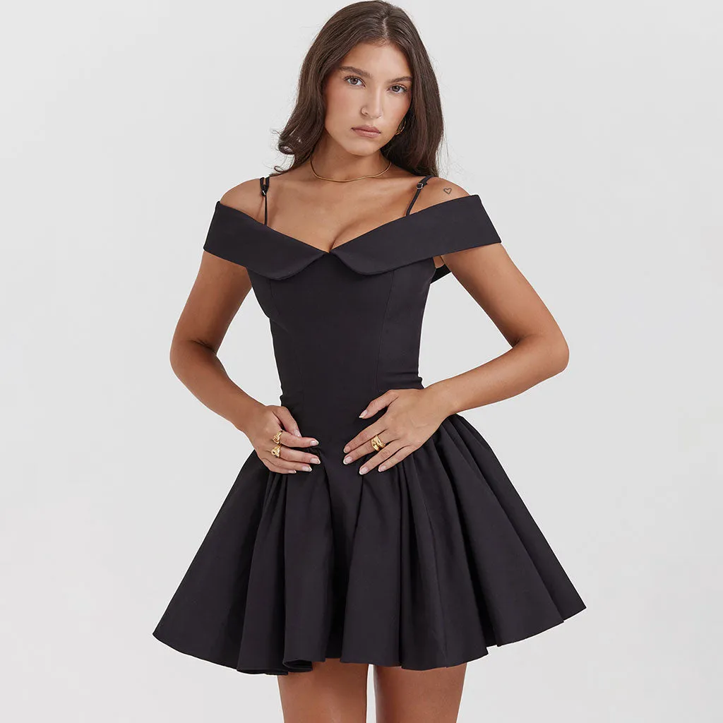 Cute Turnover Sweetheart Neck Cold Shoulder Drop Waist Flared Mini Party Dress