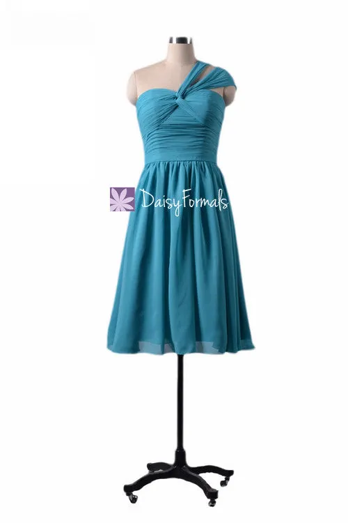 Cyan One-Shoulder Cocktail Chiffon Party Dress Sweetheart Bridesmaids Dress(BM731S)