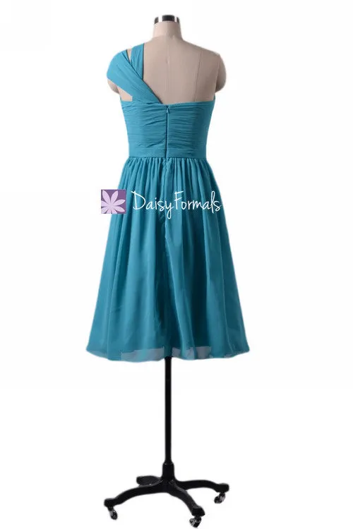 Cyan One-Shoulder Cocktail Chiffon Party Dress Sweetheart Bridesmaids Dress(BM731S)