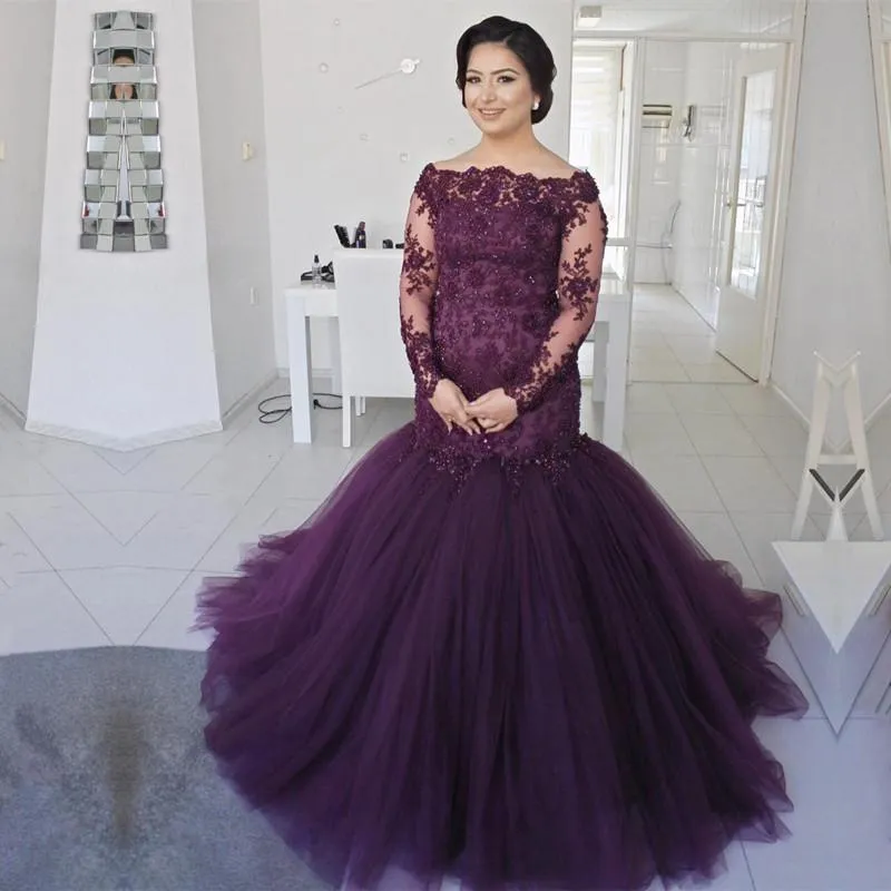 Dark Purple Lace Long Sleeves Mermaid Evening Dresses