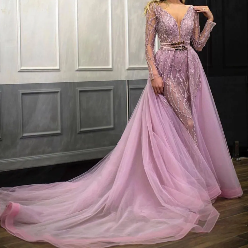 deep v neck beaded prom dresses 2021 long sleeve pink detachable skirt prom gown 2020 abendkleider