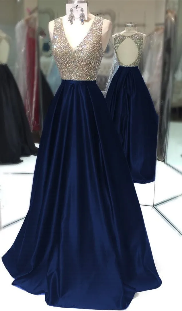 Deep V Neck Long Satin Keyhole Back Prom Dresses 2017