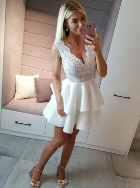 deep v neck off white prom dresses short 2020 lace appliqué tiered satin cheap graduation dress