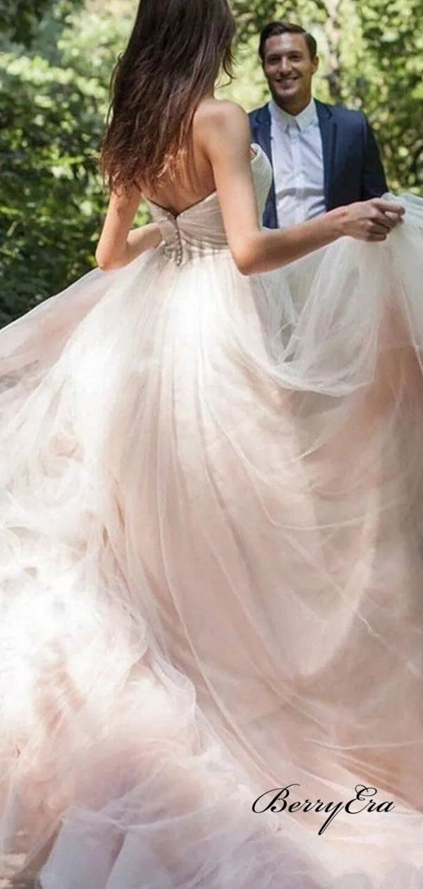 Deep V-neck Popular Wedding Dresses, A-line Tulle Wedding Dresses