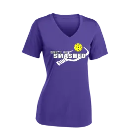 Don't Get Smashed Customizable Pickleballs (Purple White Yellow) | Women's Short Sleeve V-Neck Pickleball Shirts | 100% Polyester