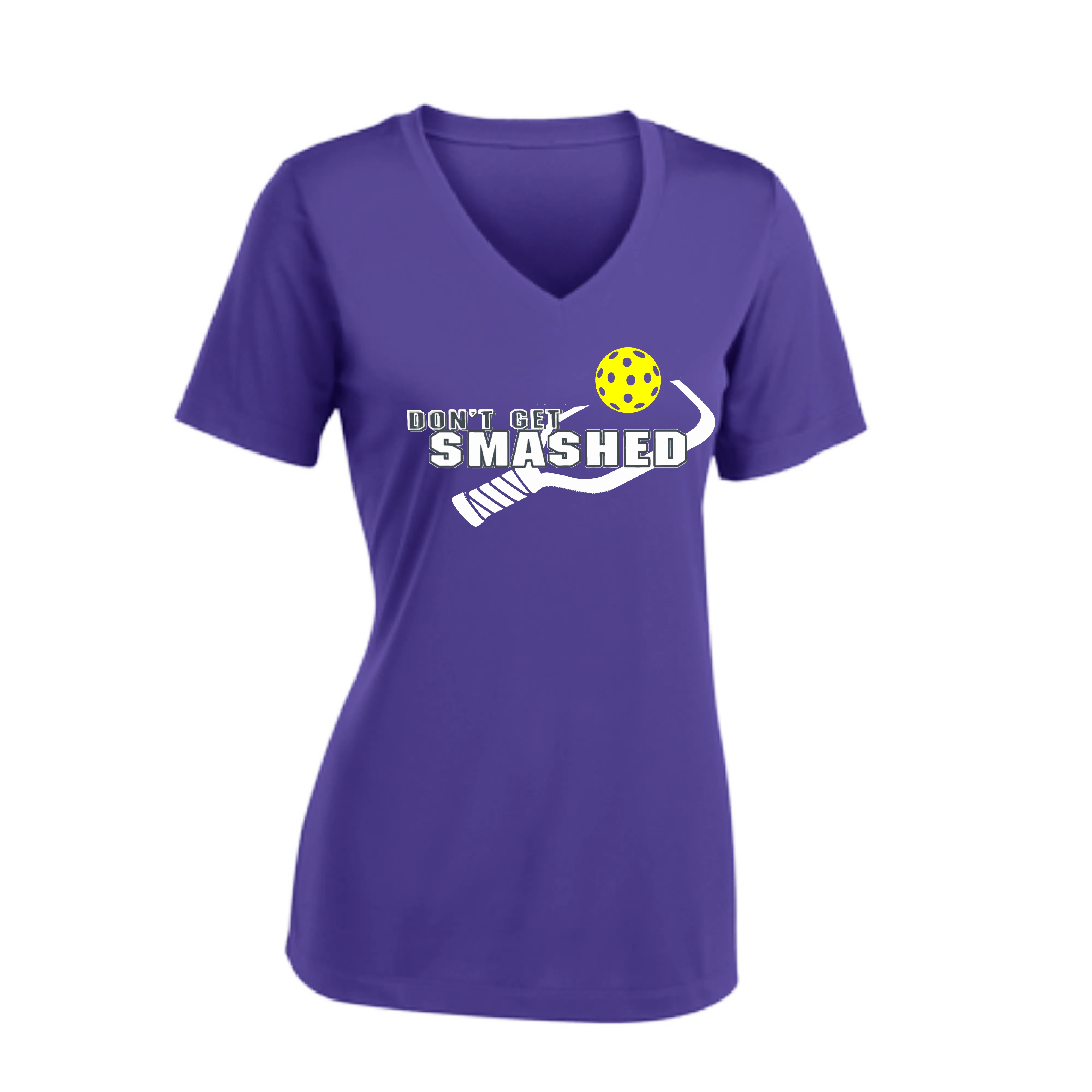 Don't Get Smashed Customizable Pickleballs (Purple White Yellow) | Women's Short Sleeve V-Neck Pickleball Shirts | 100% Polyester