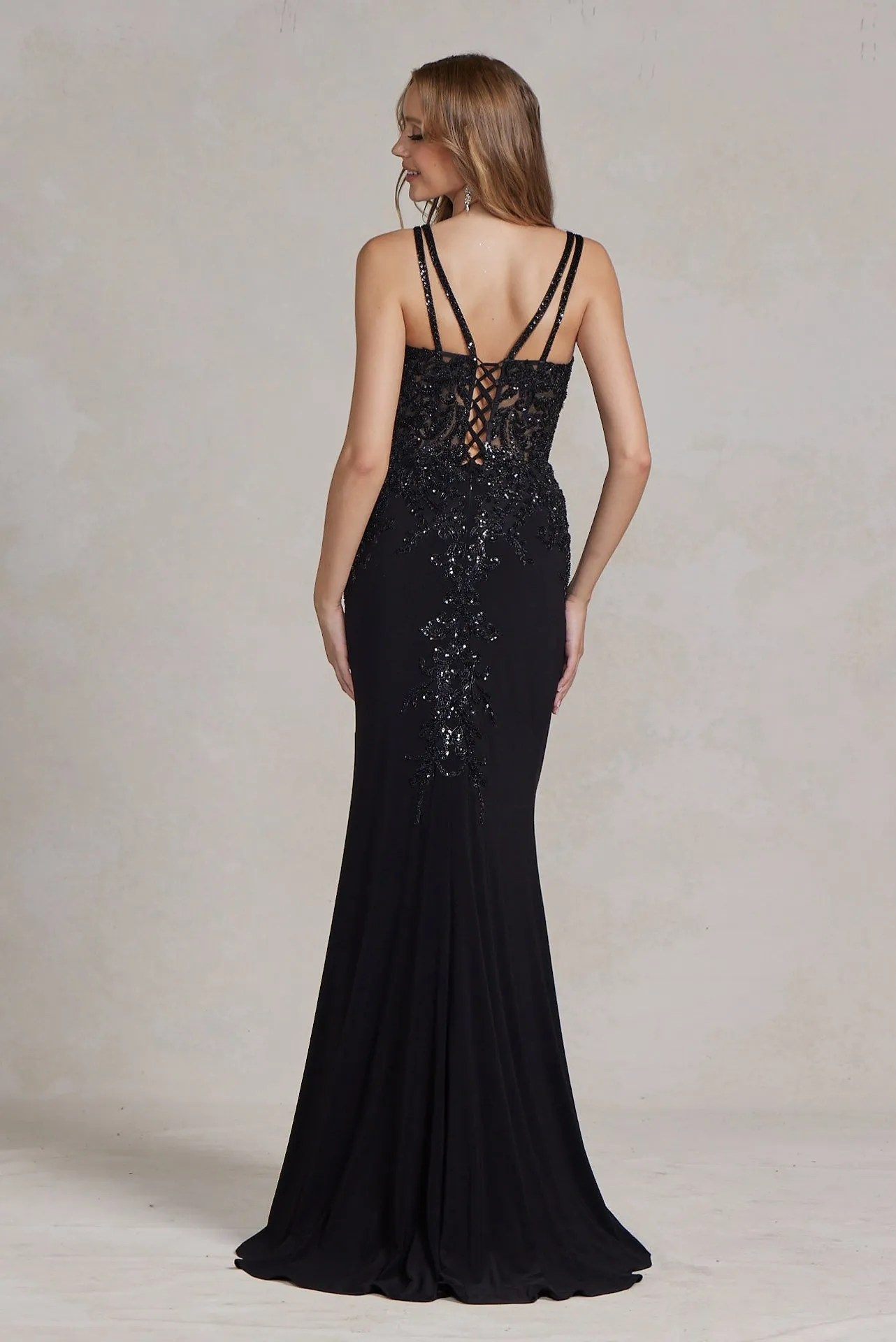 Double Spaghetti Straps Embroidered Bodice Long Evening Dress NXH1090