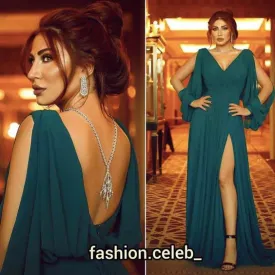 Dubai fashion green prom dresses long sleeve elegant v neck chiffon simple prom gowns 2021 robe de soiree 2022