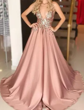 dusty pink beaded prom dresses long tulle v neck sequin appliqué elegant sleeveless senior prom gown 2020