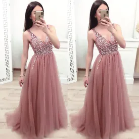 dusty pink beaded prom dresses long v neck sleeveless a line tulle elegant cheap prom gown robe de soiree