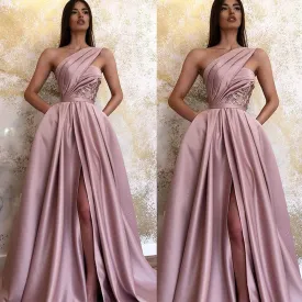 dusty pink prom dresses long robe de soiree 2020 one shoulder elegant a line satin prom gown 2021