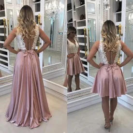 dusty pink prom dresses with detachable skirt lace appliqué beaded satin elegant prom gown vestido Longo