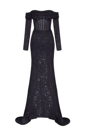 Elegant black off-the-shoulder sparkling maxi dress