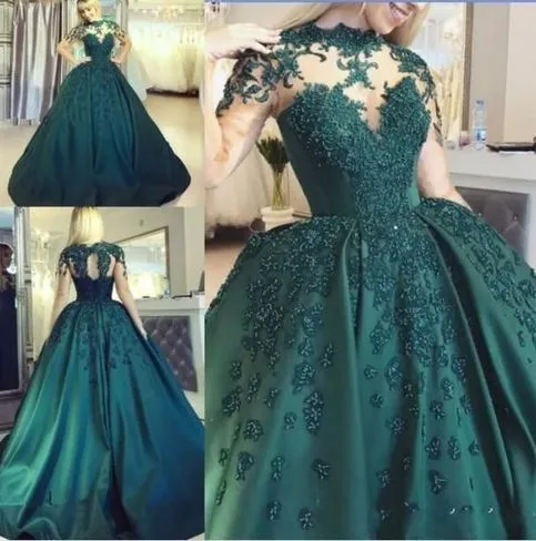 emerald green prom dresses ball gown vestido de graduacion lace applique beaded vintage prom gown