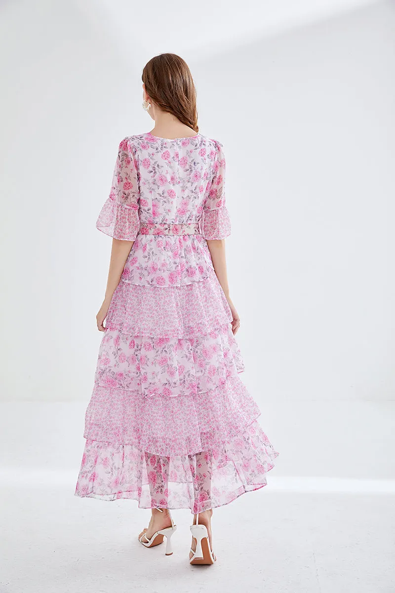 European and American high-end printed trumpet sleeves 5-layer cake dress