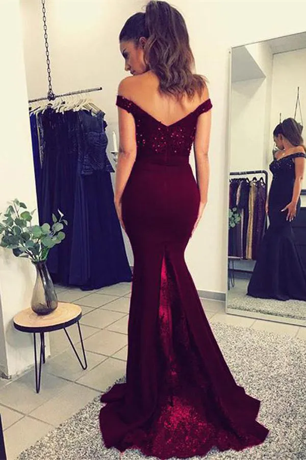 Fabulous Burgundy Lace V-neck Mermaid Long Prom Dresses Party Dress with Beading, M286