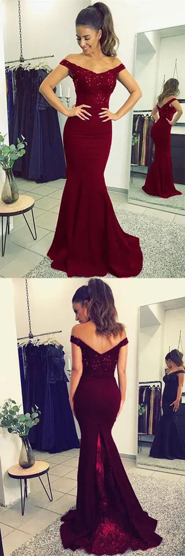 Fabulous Burgundy Lace V-neck Mermaid Long Prom Dresses Party Dress with Beading, M286