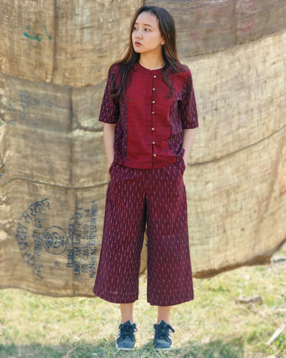 Falafal Top Laht Cropped Palazzo Coord Set - Maroon