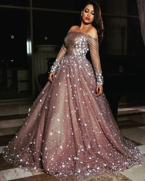 fashion prom dresses long sleeve beaded sparkly elegant off the shoulder floral prom gown