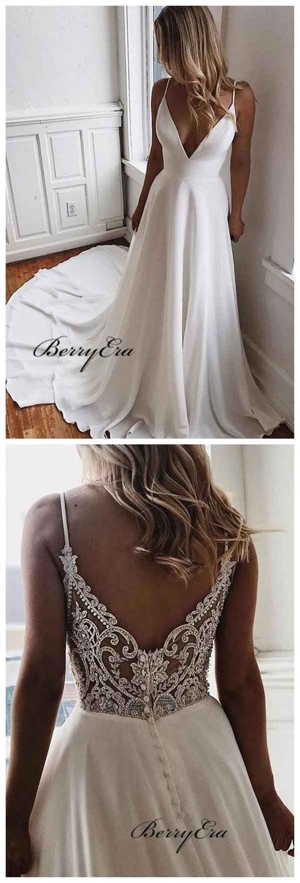 Fashion Spaghetti Long A-line V-neck Chiffon Lace Wedding Dresses, Popular Bridal Gown