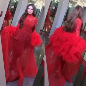 feather prom dresses high neck beaded red luxury sparkly prom gown vestido de fiesta