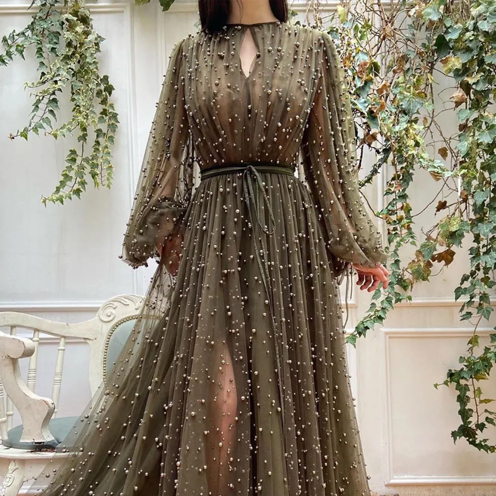 flare sleeve beaded prom dresses 2020 brown elegant luxury arabic prom gown 2021 vestidos