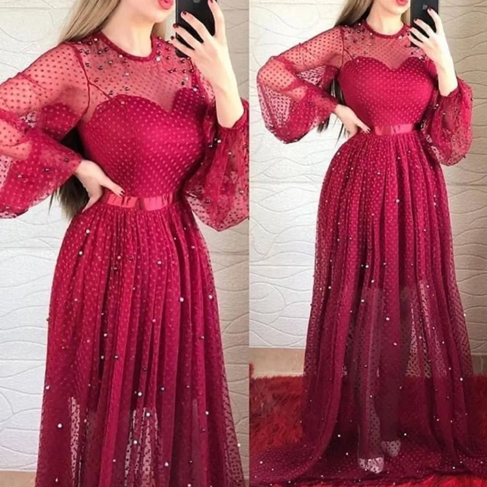 flare sleeve red prom dresses long beaded a-line elegant arabic simple prom gown vestidos de fiesta