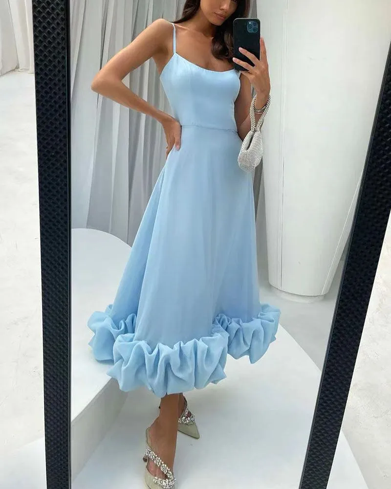 Formal Puff Hem Flowy Midi Dress For Graduation Guest Evening