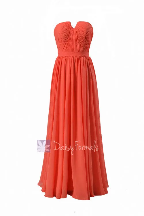 Full Length Chiffon Bridesmaid Dress Pink Orange Wedding Dress W/Inserted V-Neck(BM10823L)