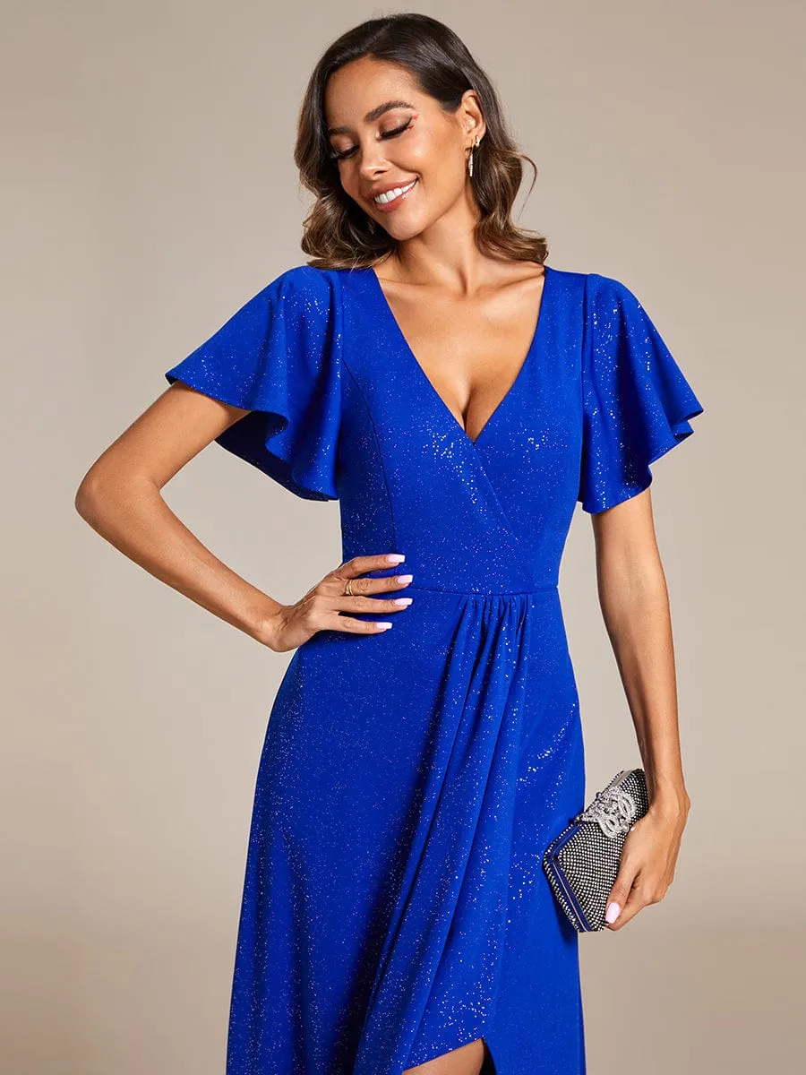 Glitter High-Low Front Side Slit Ruffled V-Neck Evening Dress