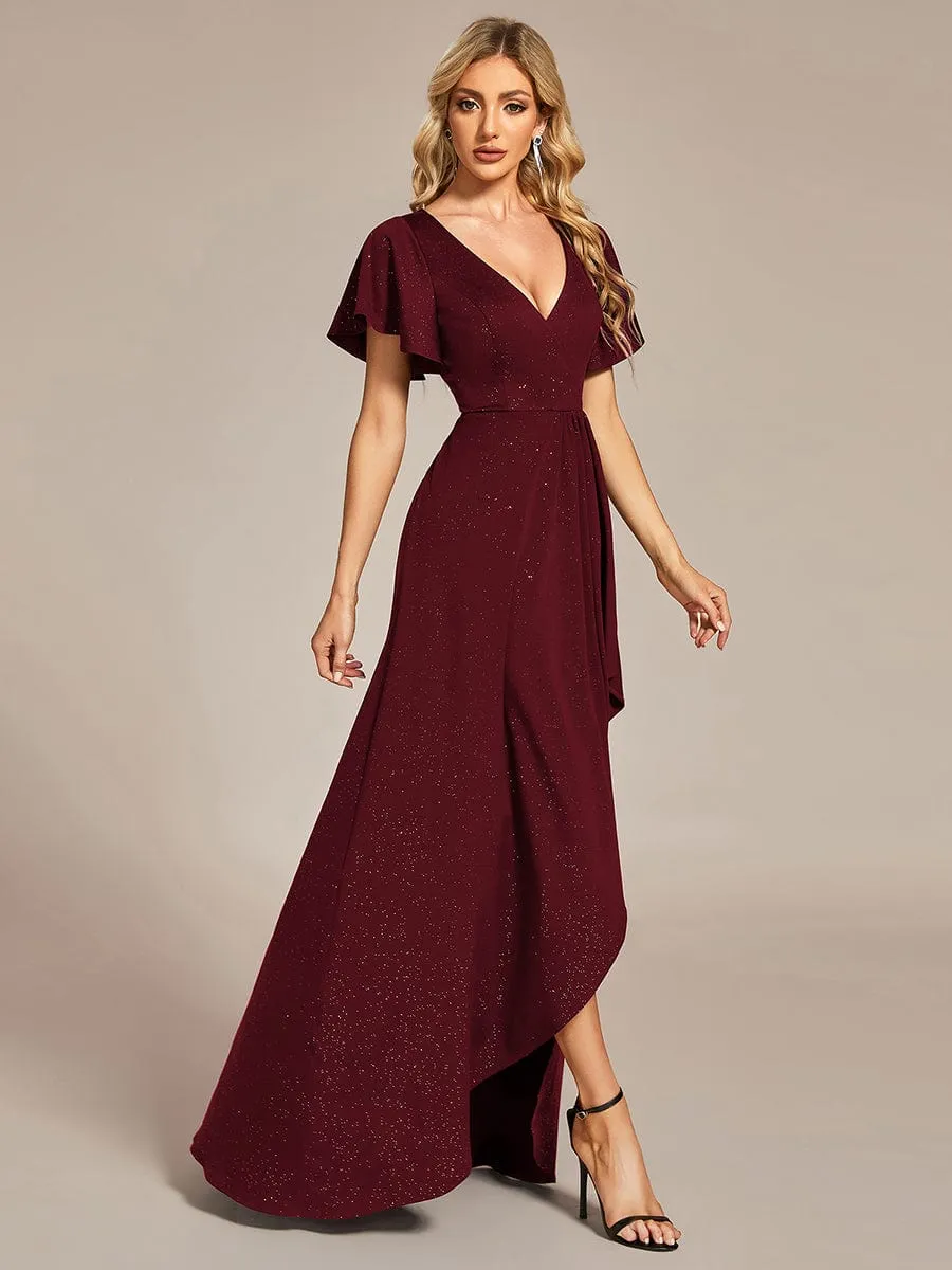 Glitter High-Low Front Side Slit Ruffled V-Neck Evening Dress