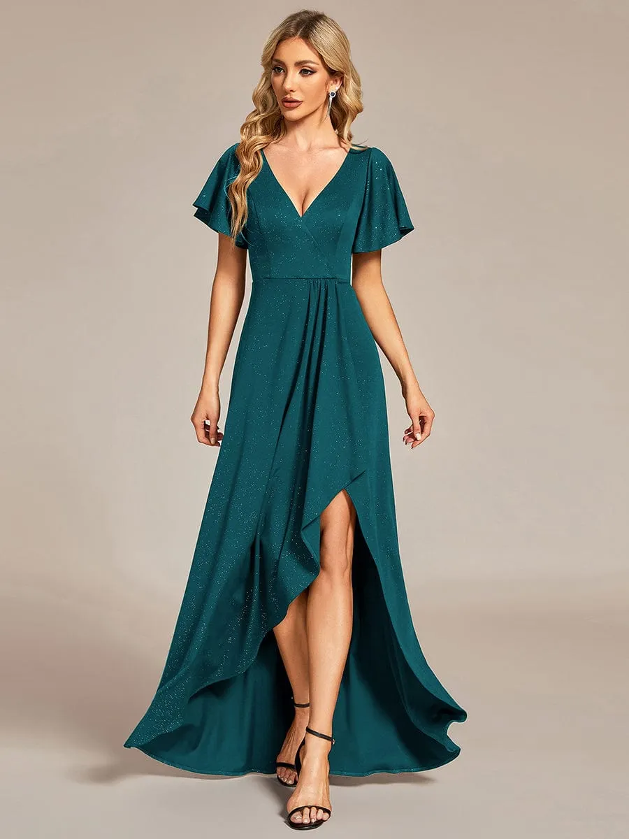 Glitter High-Low Front Side Slit Ruffled V-Neck Evening Dress