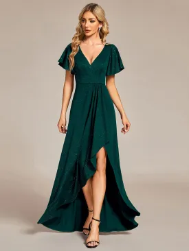 Glitter High-Low Front Side Slit Ruffled V-Neck Evening Dress