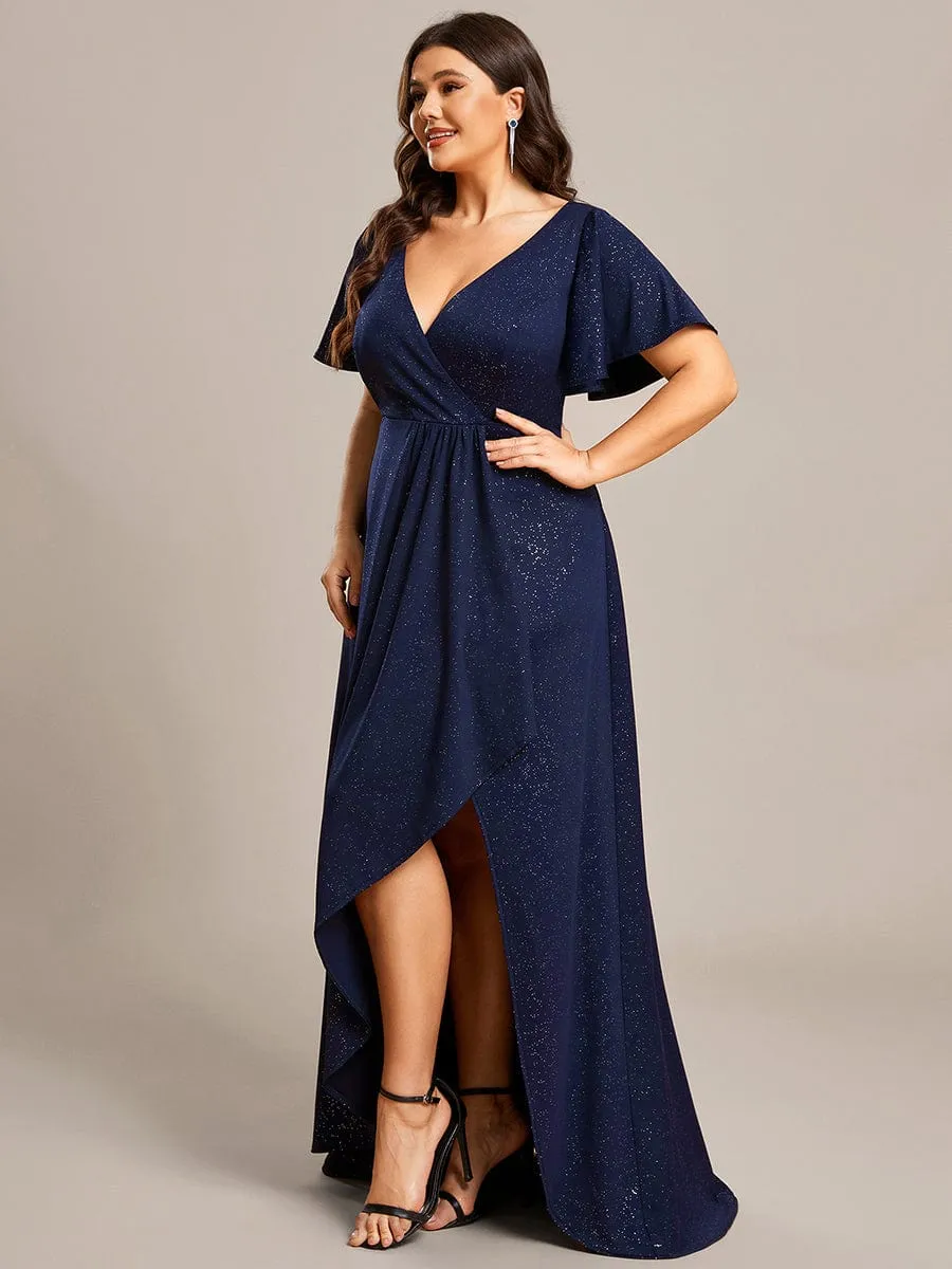 Glitter High-Low Front Side Slit Ruffled V-Neck Evening Dress