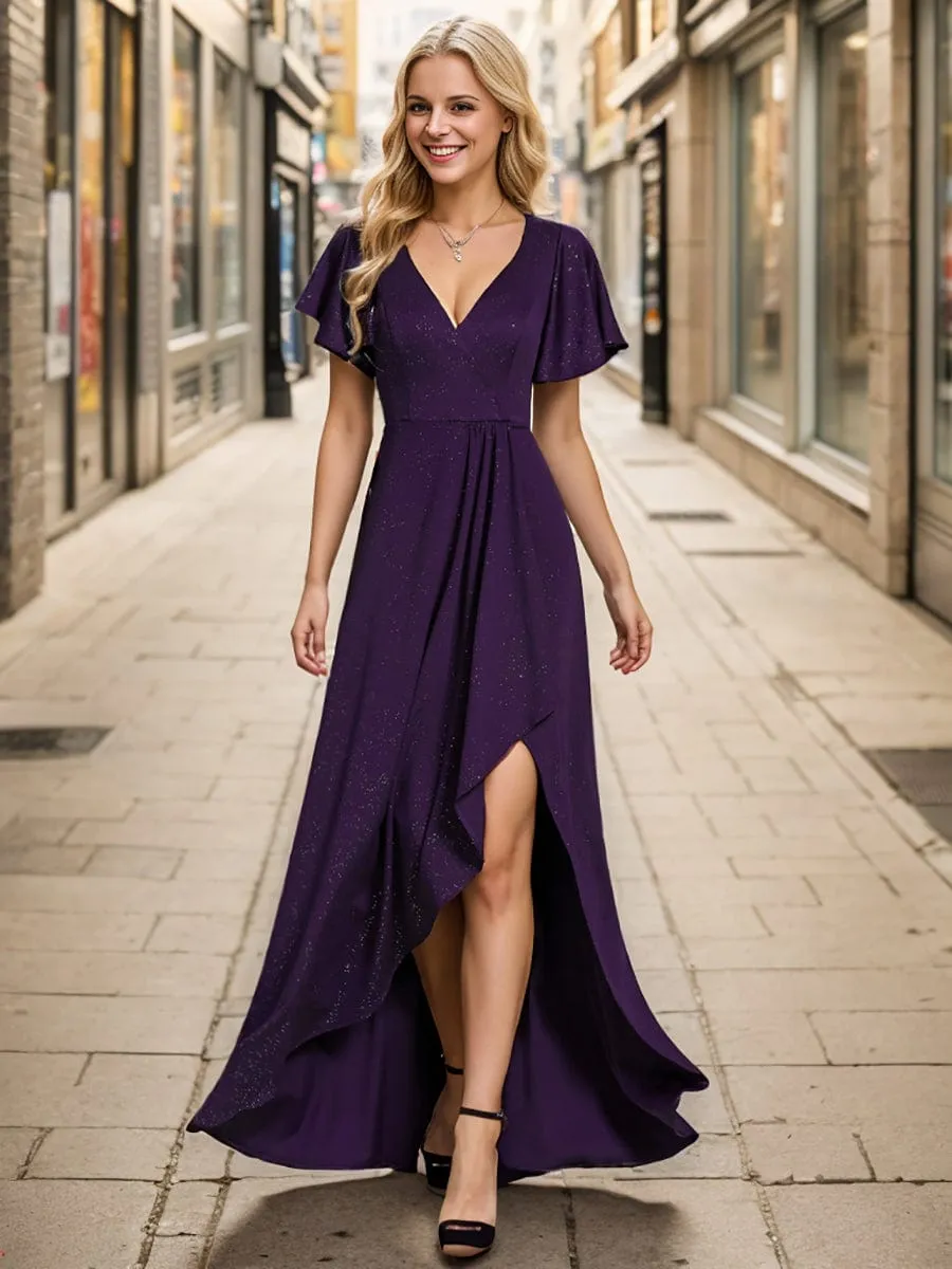 Glitter High-Low Front Side Slit Ruffled V-Neck Evening Dress