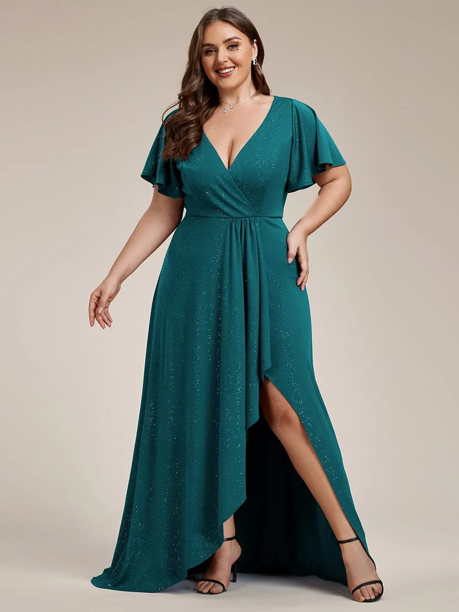 Glitter High-Low Front Side Slit Ruffled V-Neck Evening Dress