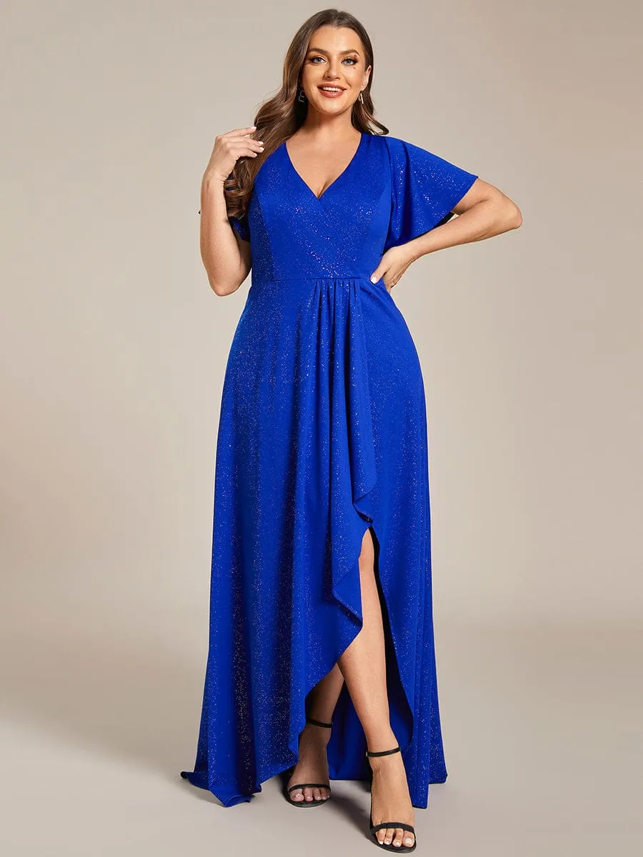 Glitter High-Low Front Side Slit Ruffled V-Neck Evening Dress