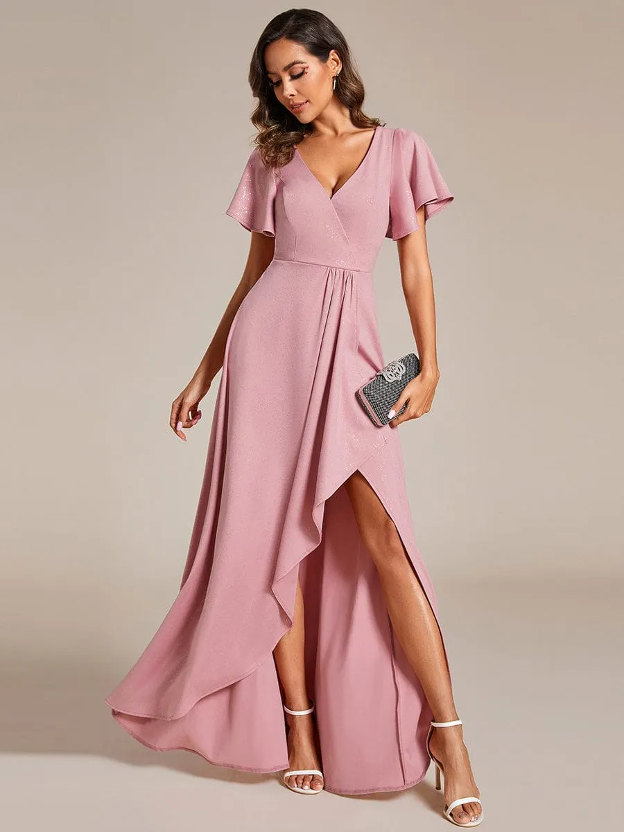 Glitter High-Low Front Side Slit Ruffled V-Neck Evening Dress