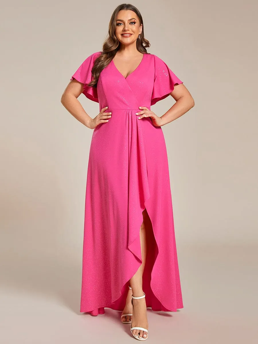 Glitter High-Low Front Side Slit Ruffled V-Neck Evening Dress