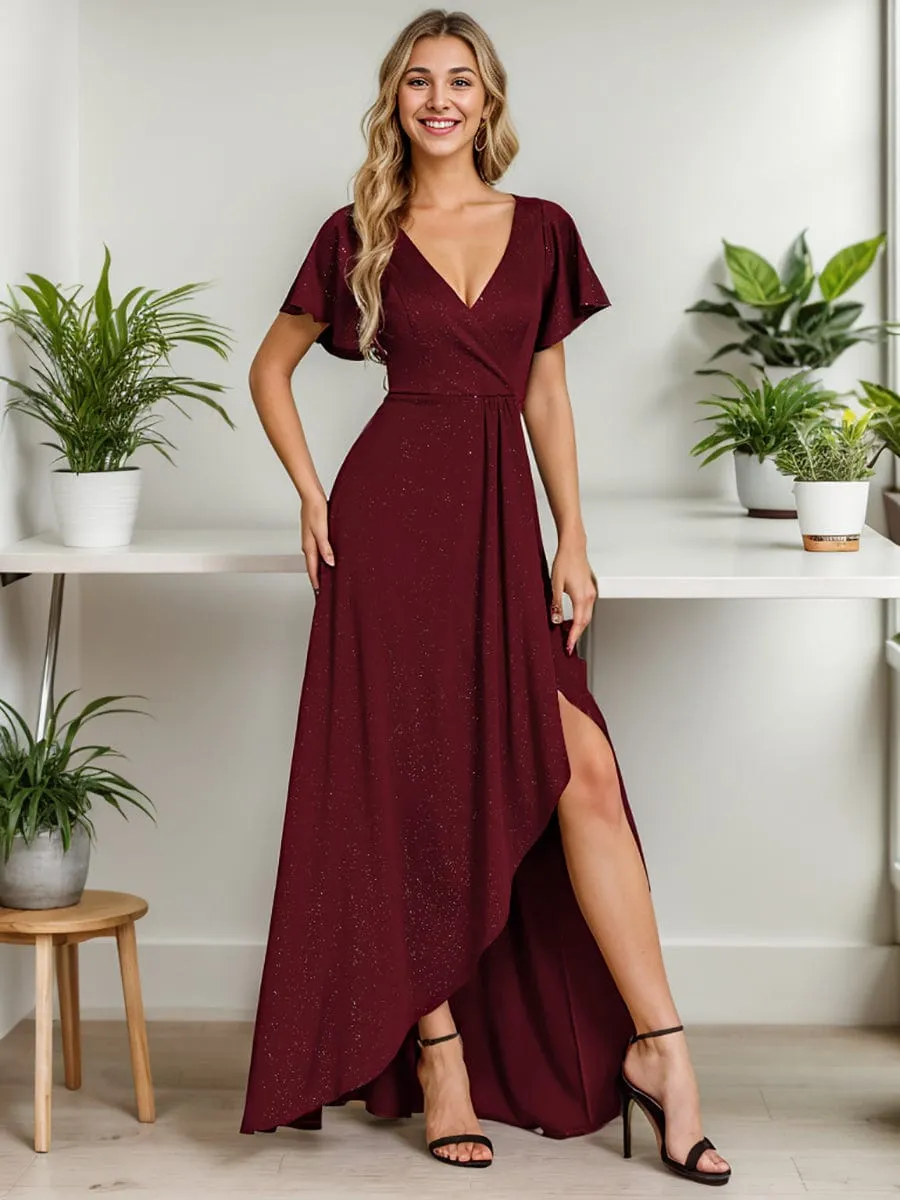 Glitter High-Low Front Side Slit Ruffled V-Neck Evening Dress