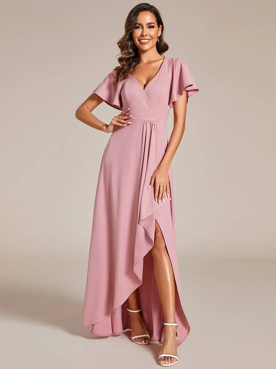 Glitter High-Low Front Side Slit Ruffled V-Neck Evening Dress