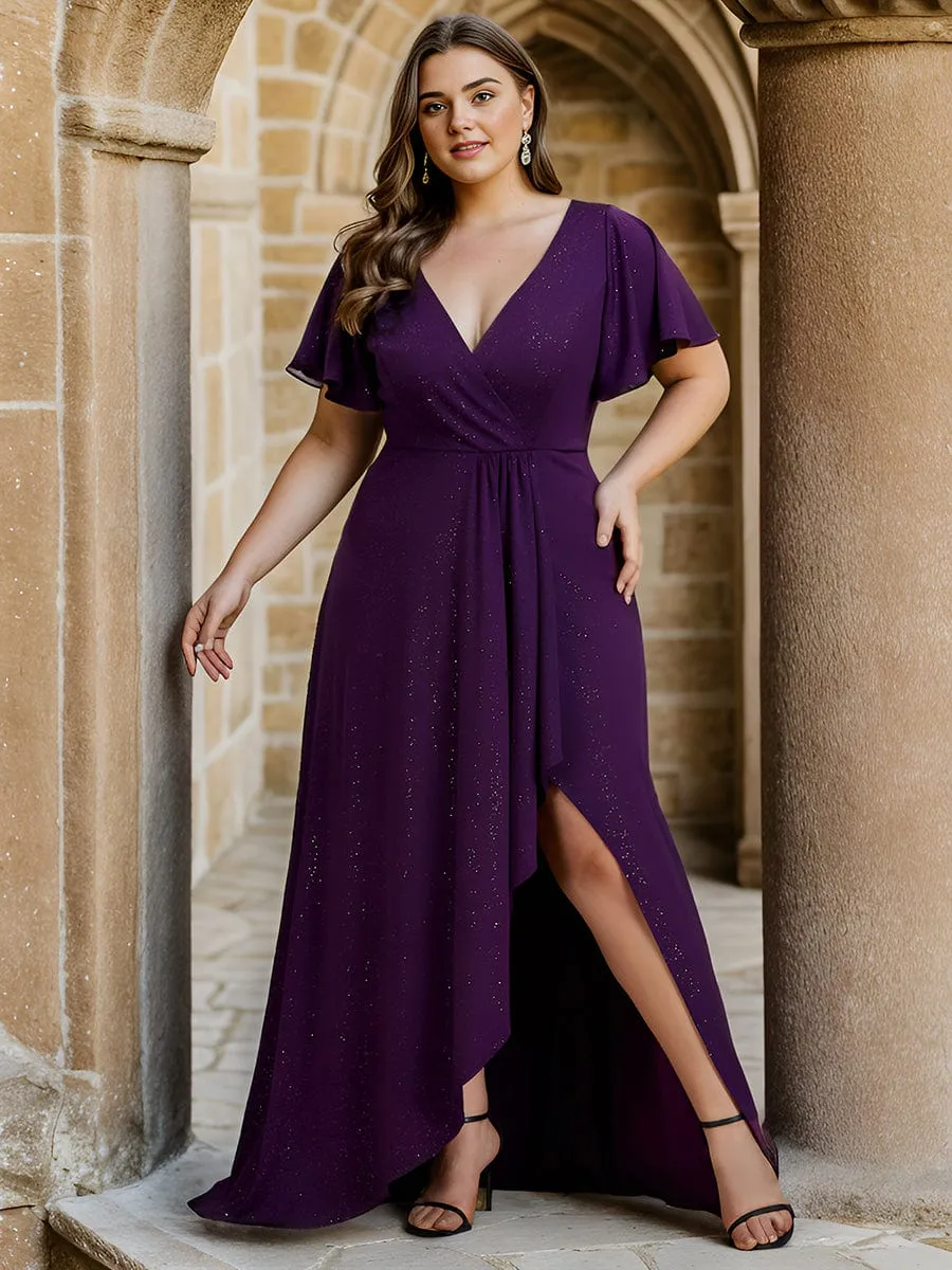 Glitter High-Low Front Side Slit Ruffled V-Neck Evening Dress