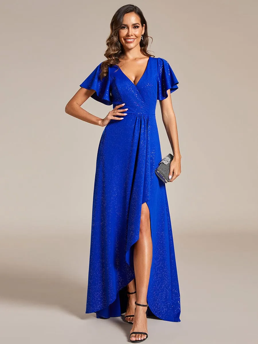 Glitter High-Low Front Side Slit Ruffled V-Neck Evening Dress