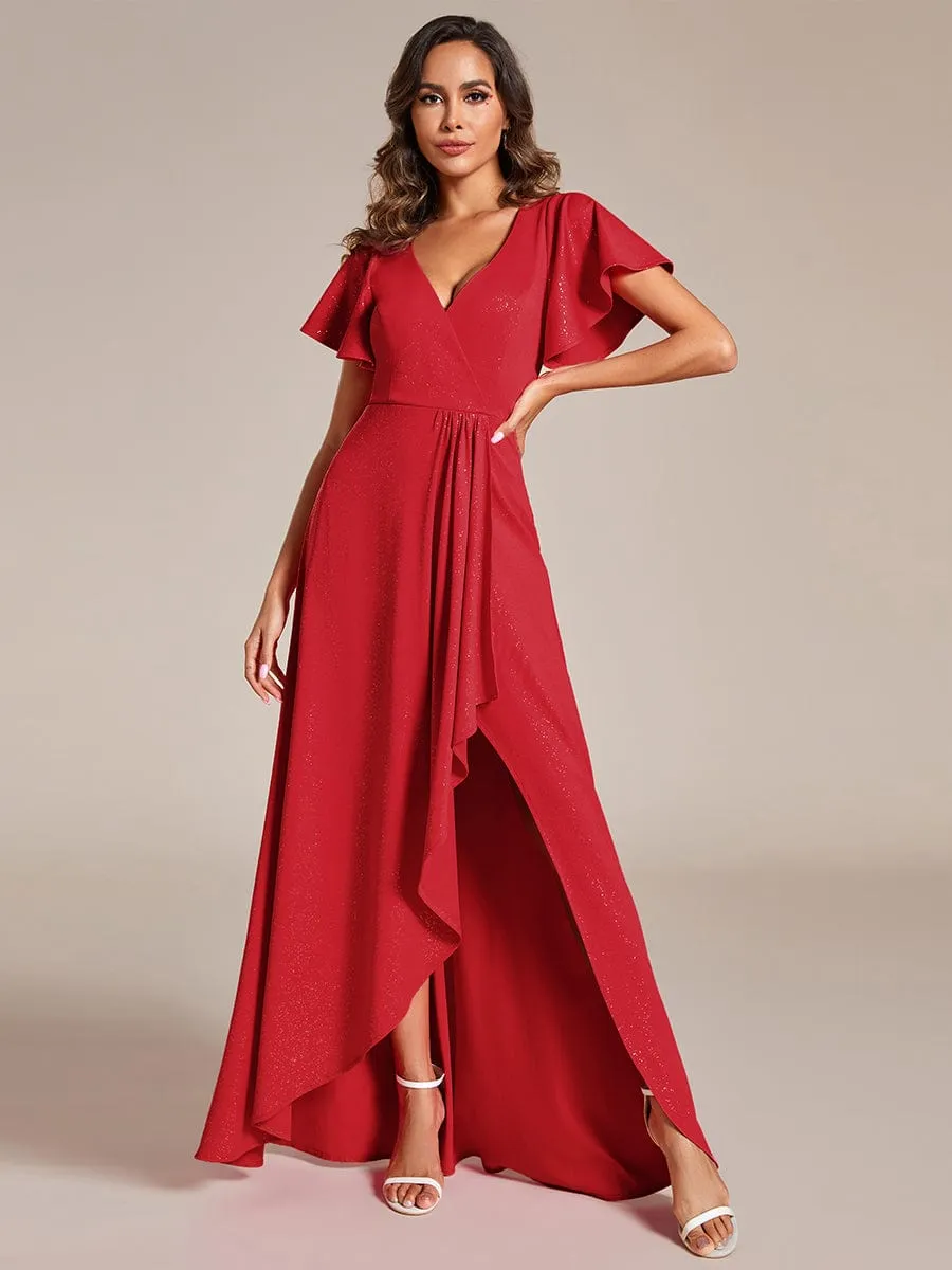 Glitter High-Low Front Side Slit Ruffled V-Neck Evening Dress