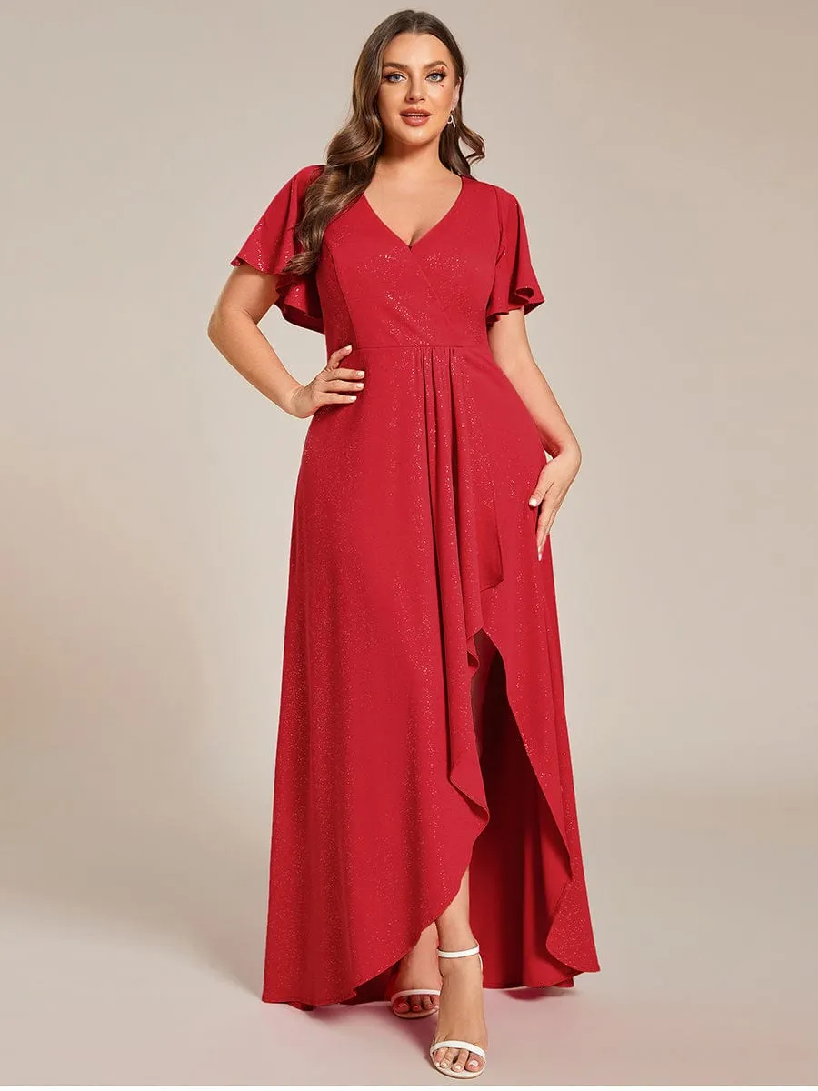 Glitter High-Low Front Side Slit Ruffled V-Neck Evening Dress