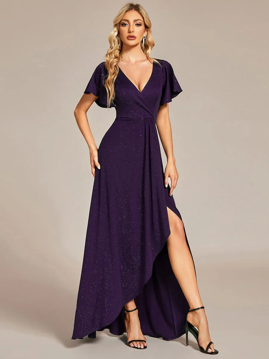 Glitter High-Low Front Side Slit Ruffled V-Neck Evening Dress